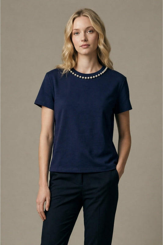 Top Pearl Trim Polished Knit Short Sleeve