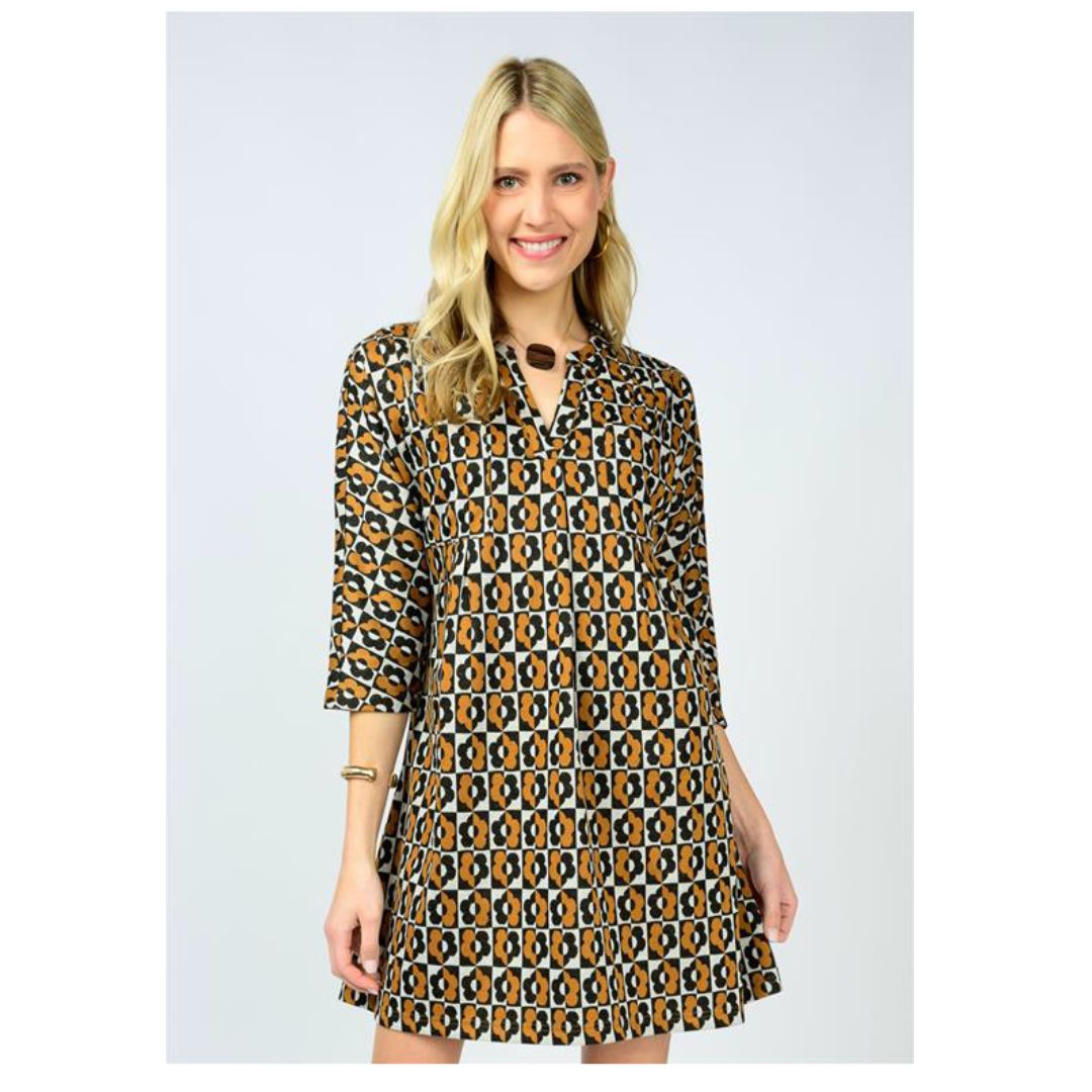 geometric flower block uncle frank dress black and orange 