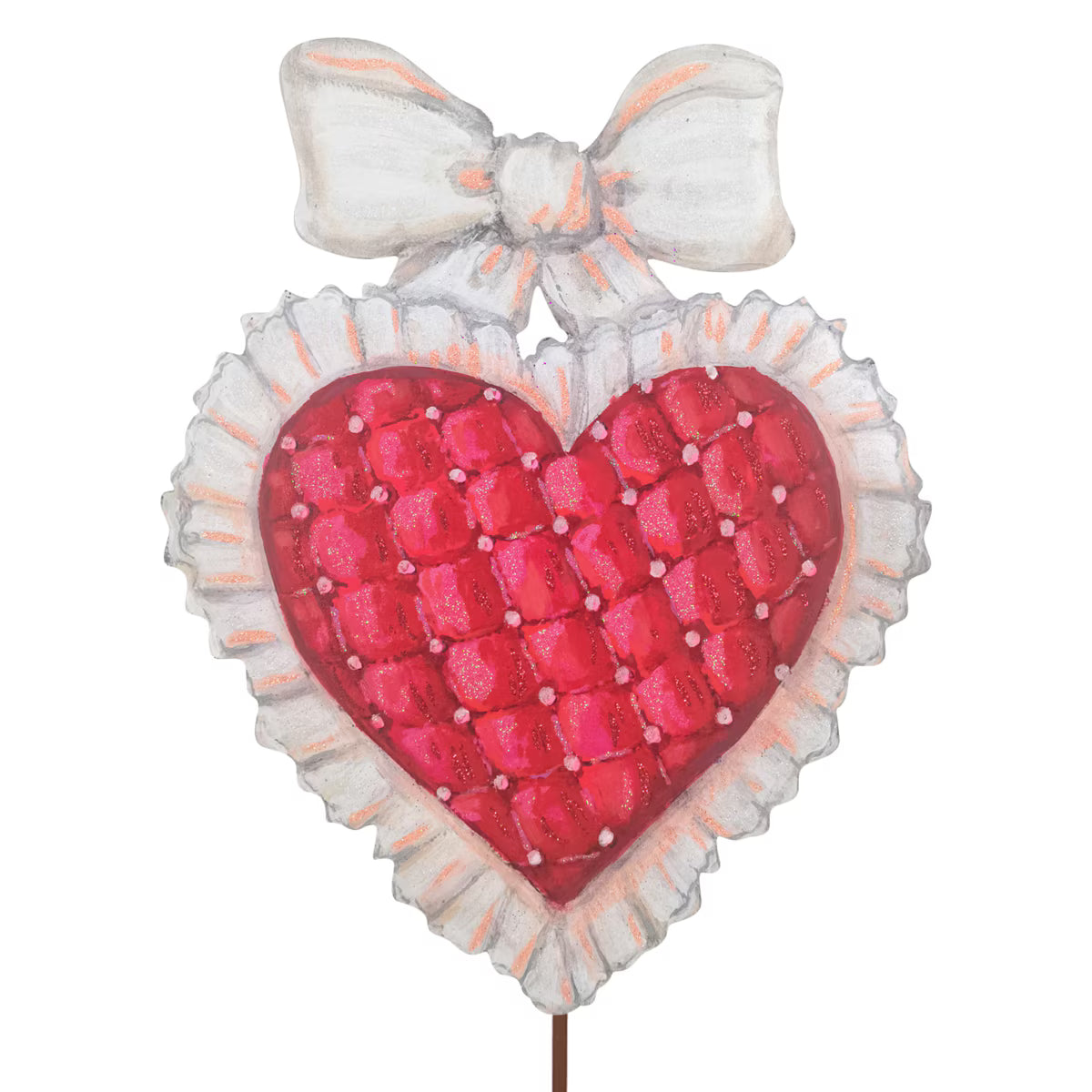 red metal heart with ruffles and bow round top design 