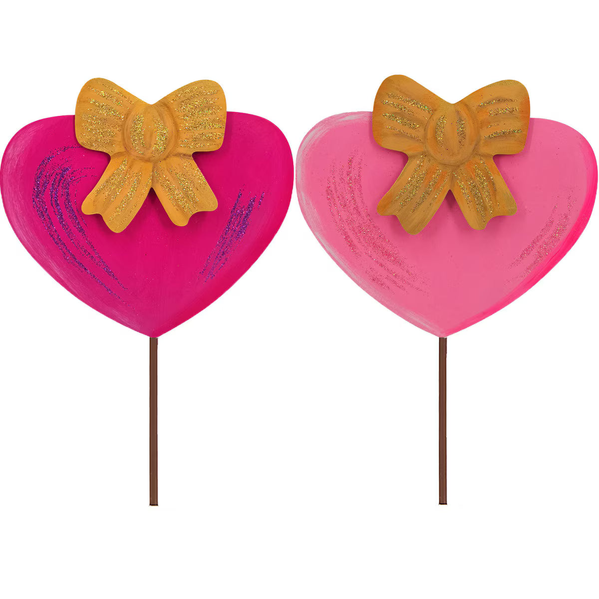 hot pink or light pink heart stake with gold glitter bow 