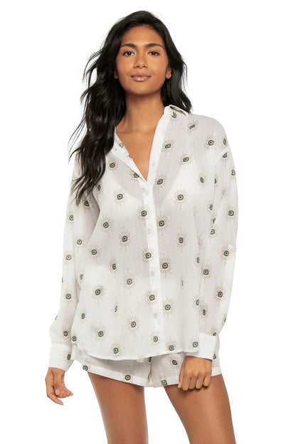 button down shirt with evil eye pattern 