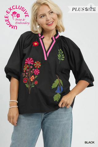Top Embroidered Floral V-Neck Blouse