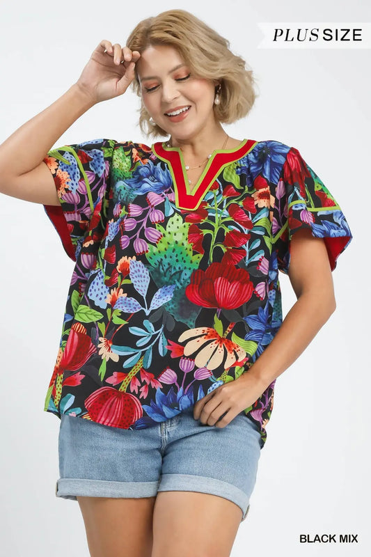 TOP Mix Floral Short Sleeve with Contrast Trim-Extended Sizing