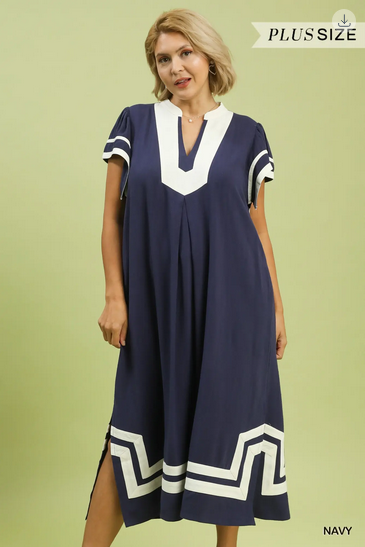 Dress Midi Contrast Neckline Linen Cotton