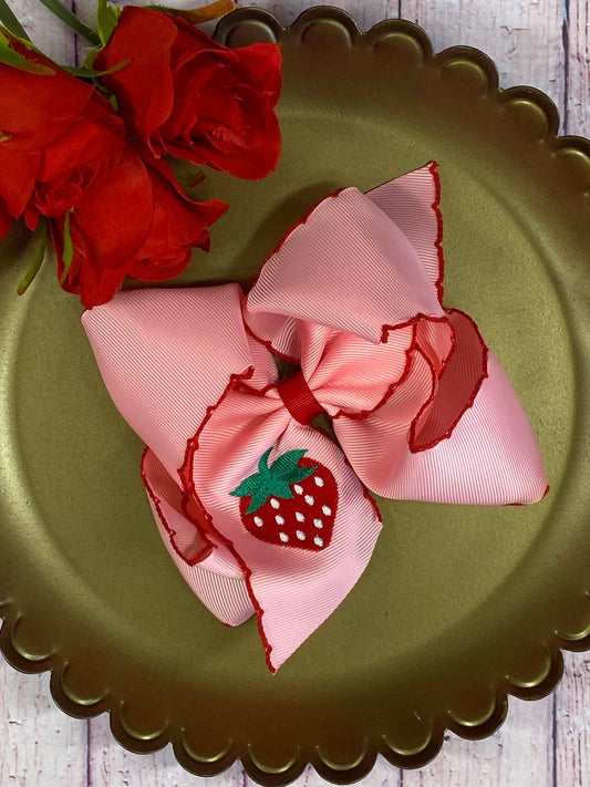 Hair Bow Strawberry Embroidered Moonstitch