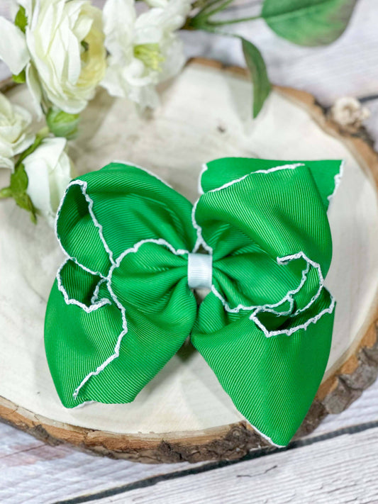 Hair Bow Green with White Moonstitch