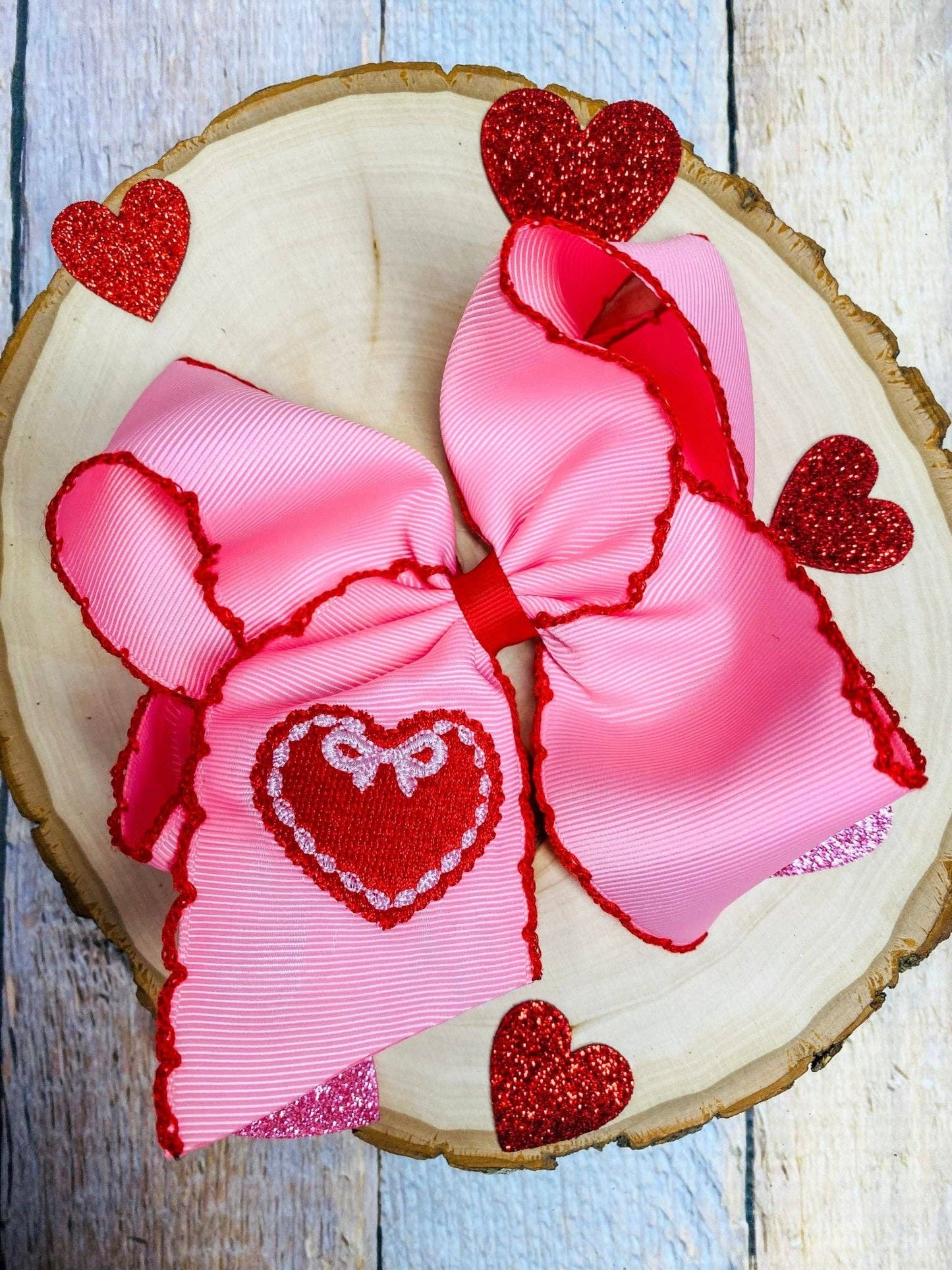 Hair Bow Valentine Doily Heart Embroidered
