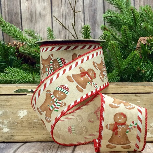 RIBBON LINEN GINGERBREAD RED GREEN 2.5"