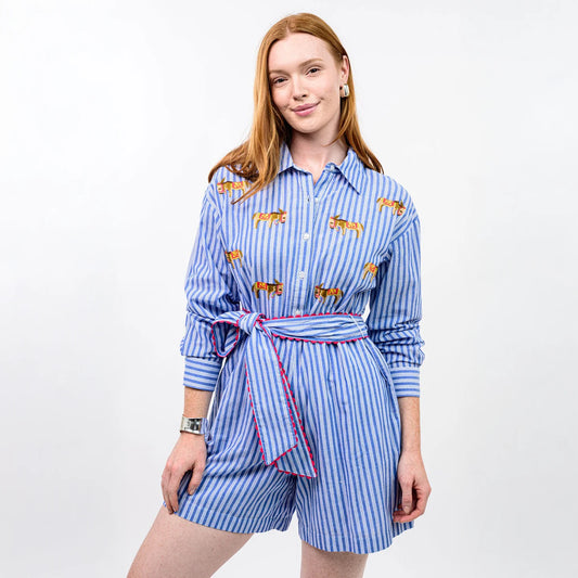 blue and white stripe romper by Ivy Jane with donkey pattern 