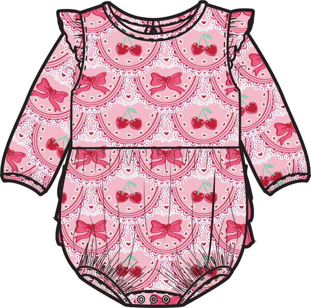 Romper Love You Cherry Much Knit Long Sleeve Flutter Bubble Baby Girls