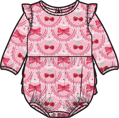 Romper Love You Cherry Much Knit Long Sleeve Flutter Bubble Baby Girls