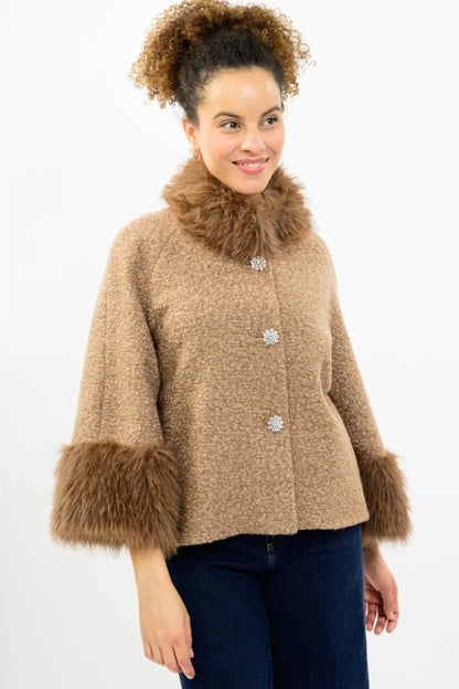 Ivy Jane JACKET BOUCLE SPARKLE FUR TRIM MOCHA