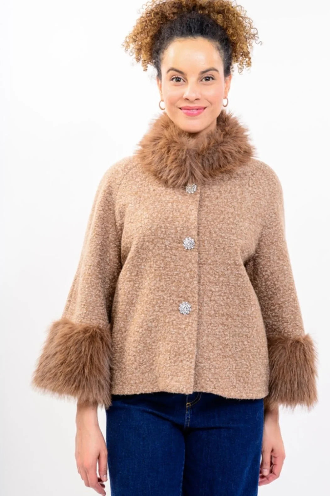 Ivy Jane JACKET BOUCLE SPARKLE FUR TRIM MOCHA