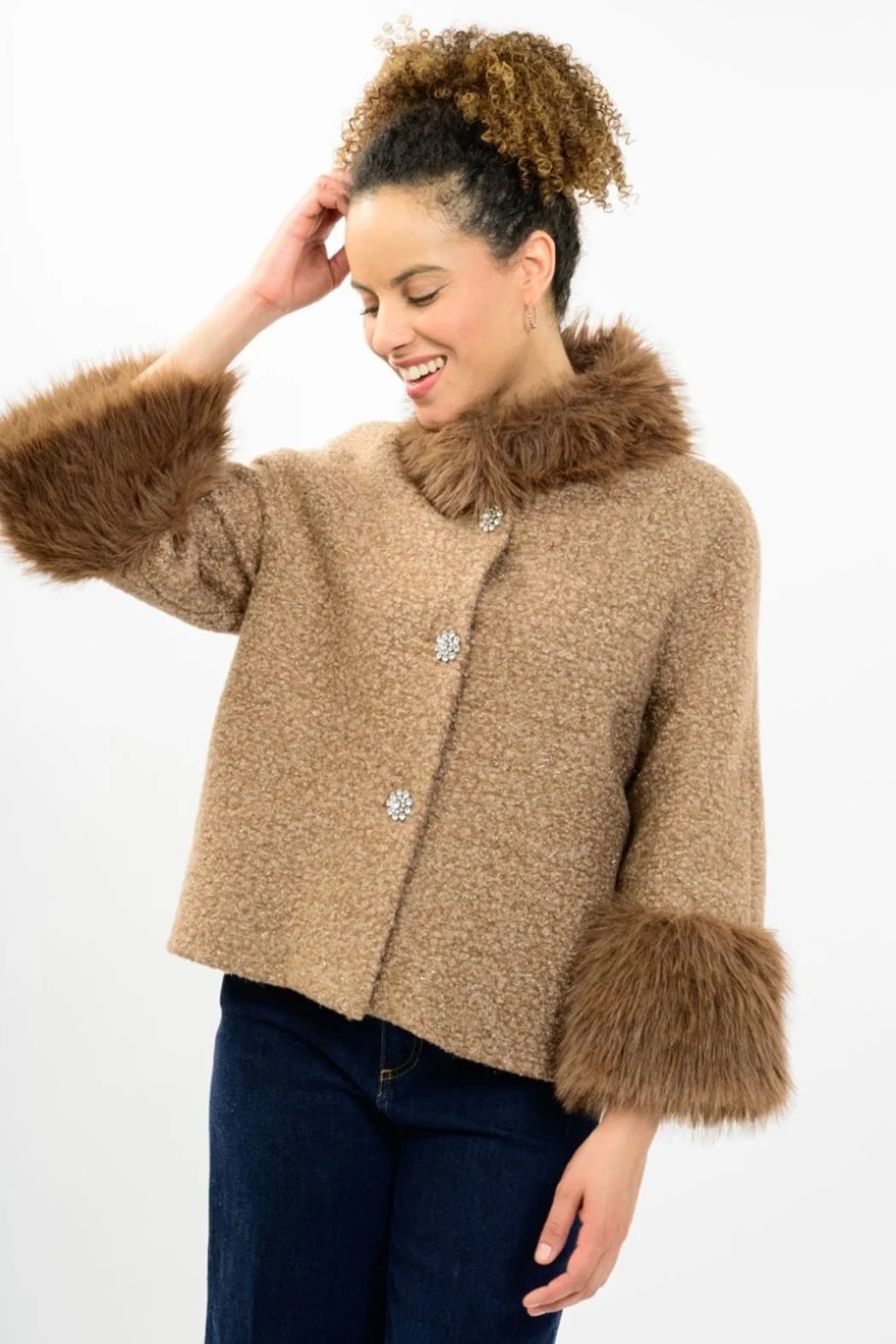 Ivy Jane JACKET BOUCLE SPARKLE FUR TRIM MOCHA
