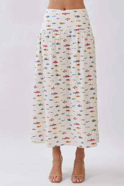 Skirt Colorful Fish Print Drop Waist Maxi