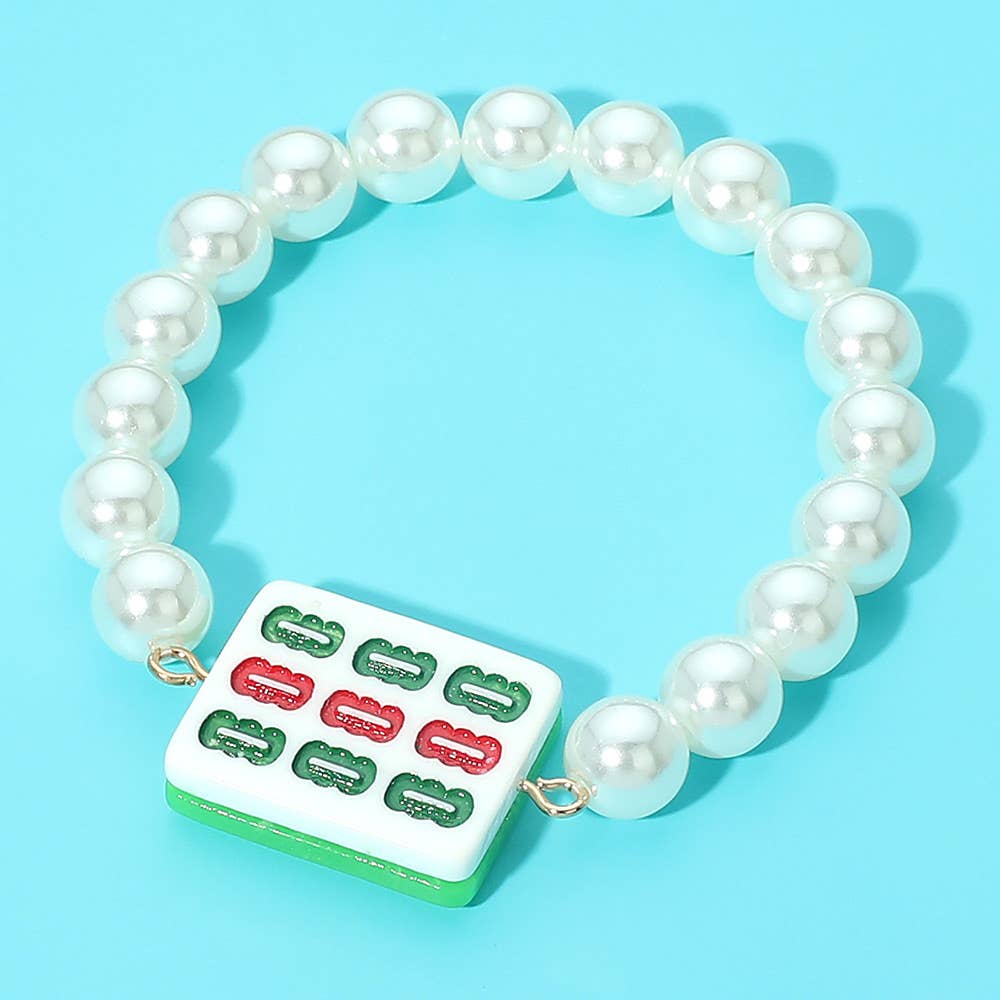 Bracelet Mahjong Tile Accent Pearl Beaded Stretch