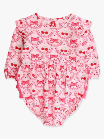 Romper Love You Cherry Much Knit Long Sleeve Flutter Bubble Baby Girls