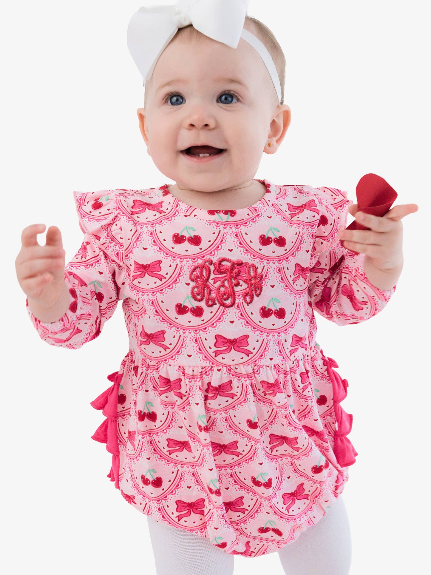 Romper Love You Cherry Much Knit Long Sleeve Flutter Bubble Baby Girls