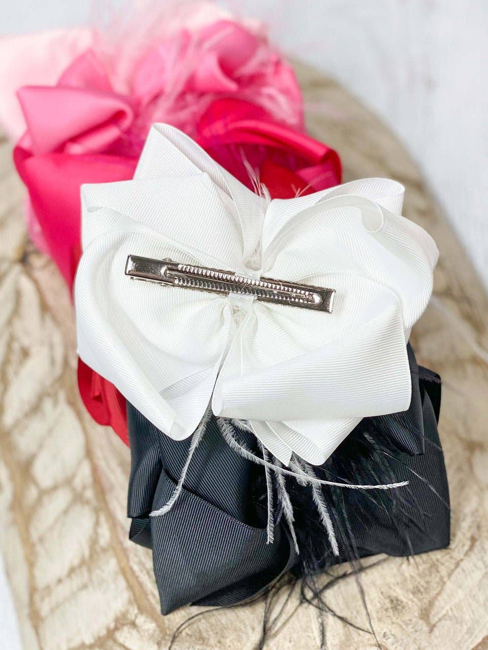 Hair Bow Solid Feather Puff Looped Knot - Alligator Clip - 5.5"