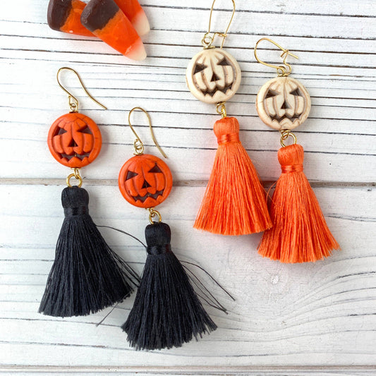 Jack-o-Lantern Halloween Tassel Earrings - 2 Style Options
