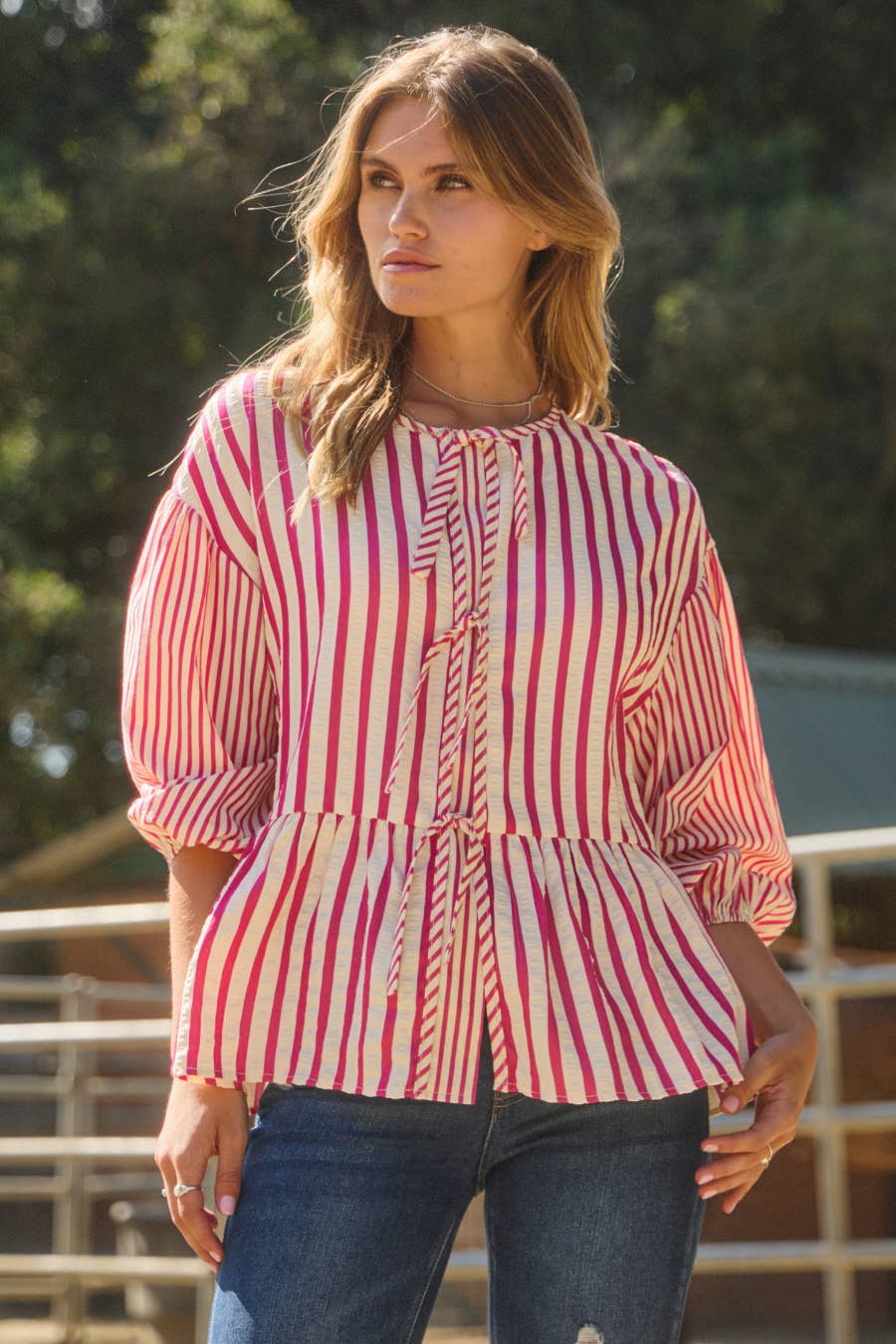 Blouse Plus Textured Striped Front Tie