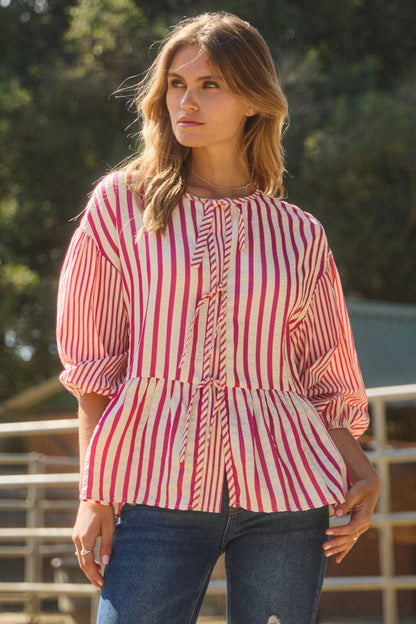 Blouse Plus Textured Striped Front Tie