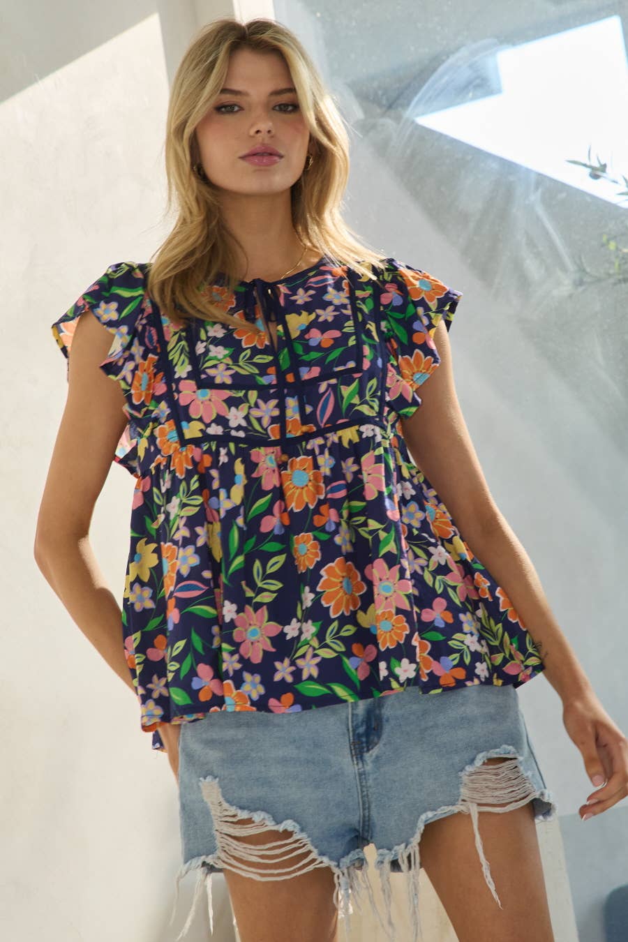 Blouse Floral Flutter Plus Sleeve Multi Colored