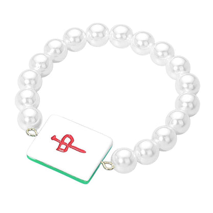 Bracelet Mahjong Tile Accent Pearl Beaded Stretch