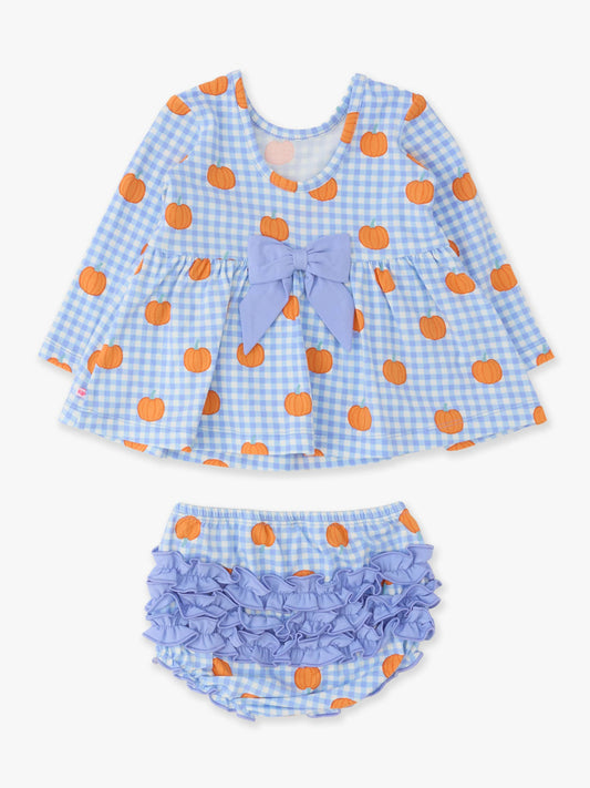 Top Bloomer Set Baby Pumpkin Patch Gingham Knit Long Sleeve Twirl Top & Ruffle Bloomer Girls
