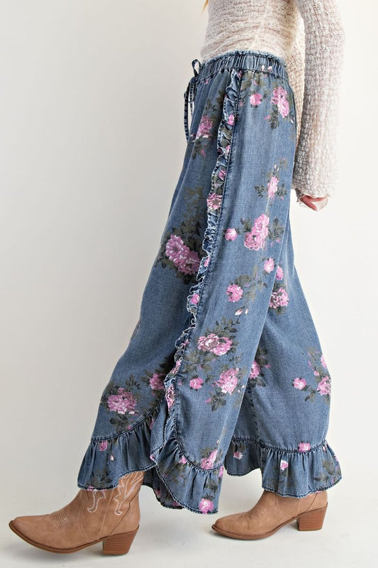PANTS FLORAL PRINTED CHAMBRY LOOSE FIT