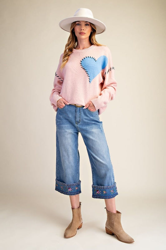 PANTS EMBO HEM WASHED STRETCH DENIM