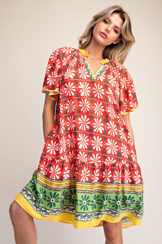 DRESS  WING SLVS BORDER PRINTED