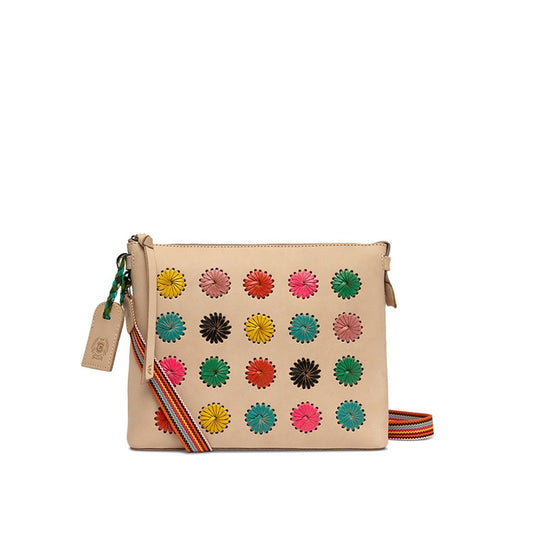 leather crossbody with leather floral pattern 