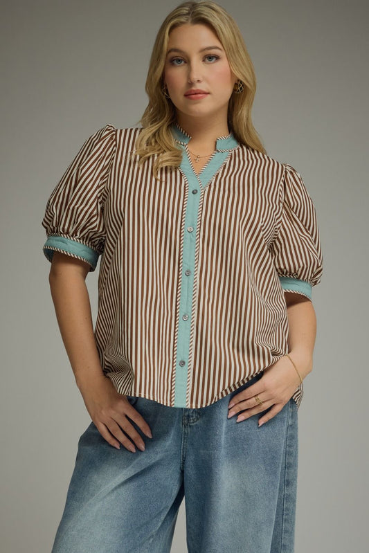 Entro Top Stripe Puff Sleeve Bordered