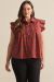 Entro Top Plaid Ruffle trim Button Placket RED