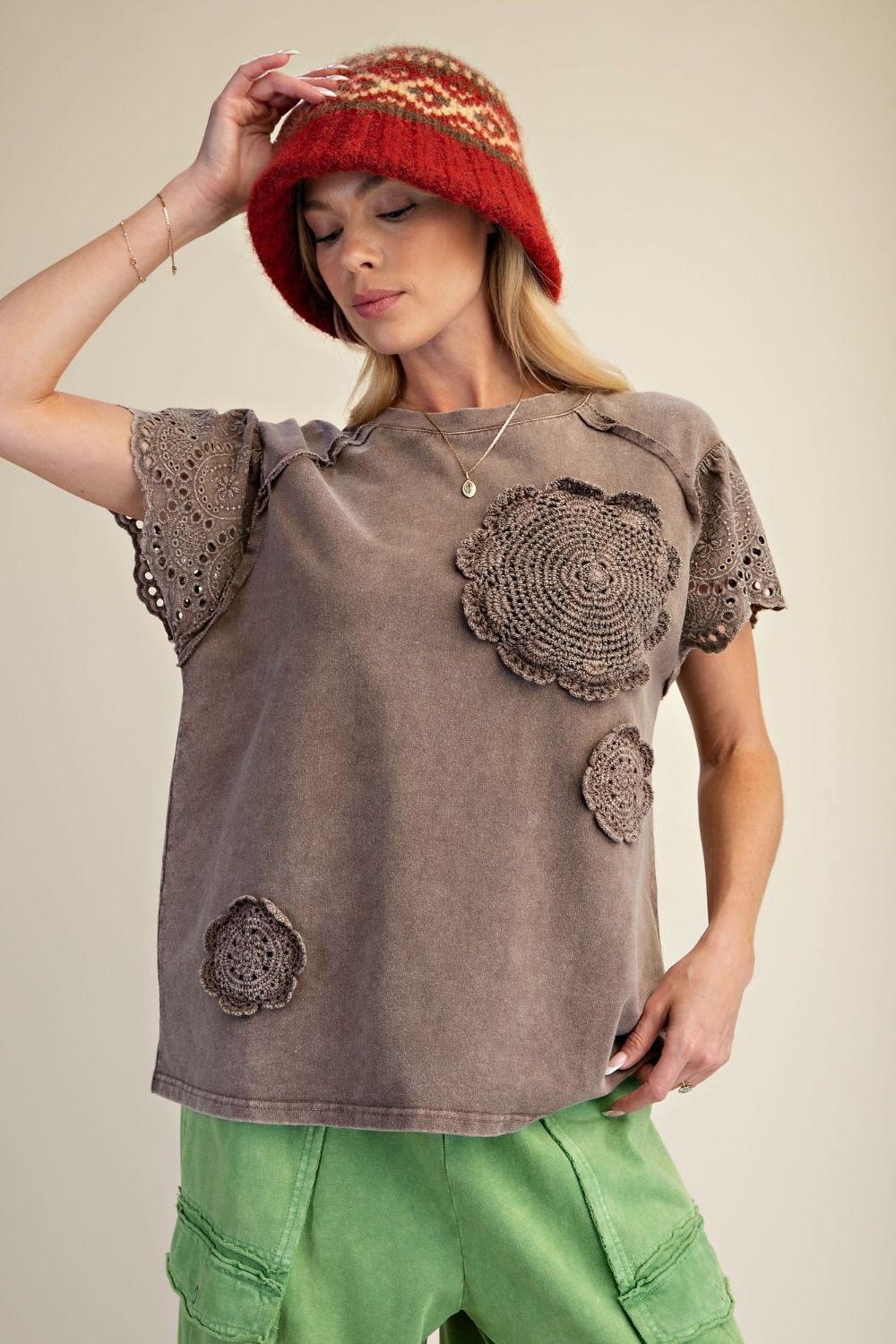 TOP CROCHET PATCH FRONT WASHED TERRY