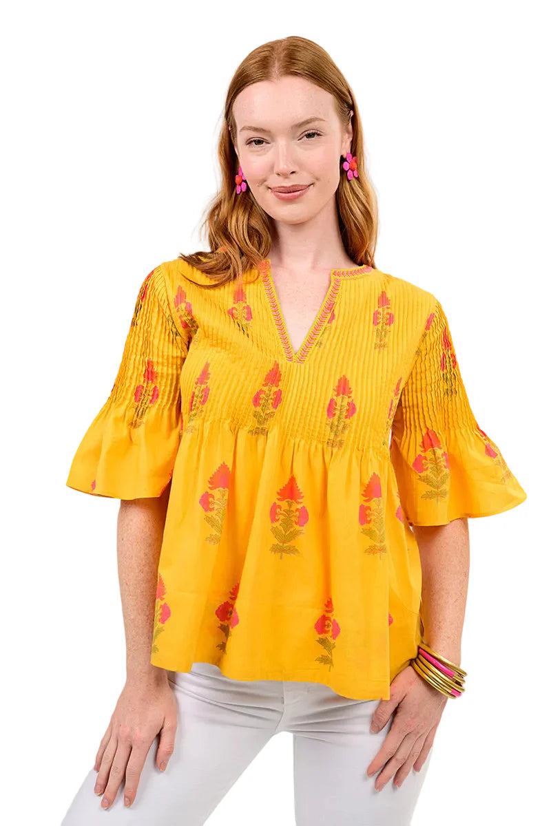 yellow floral smocked top 