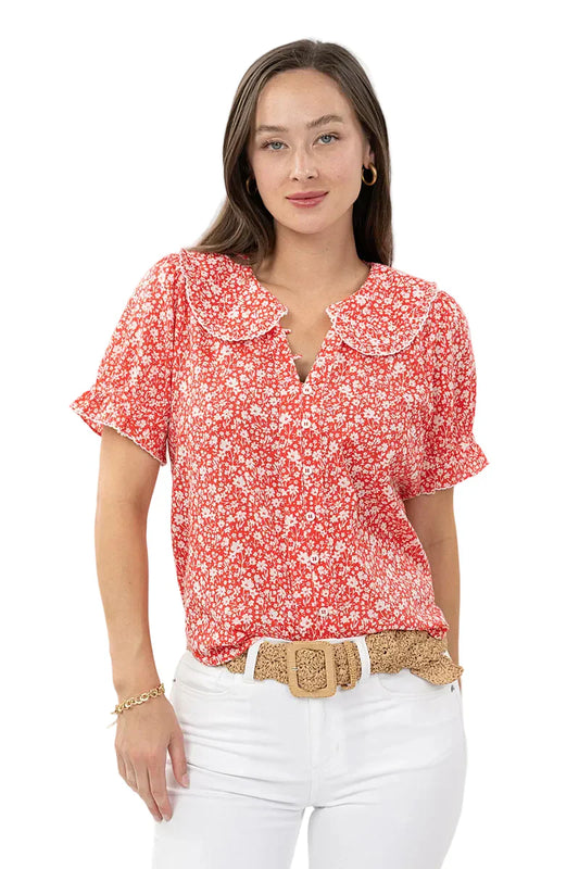 red ditzy floral top with bib collar