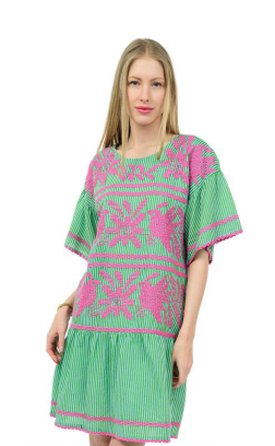green stripe dress with pink embroidery 