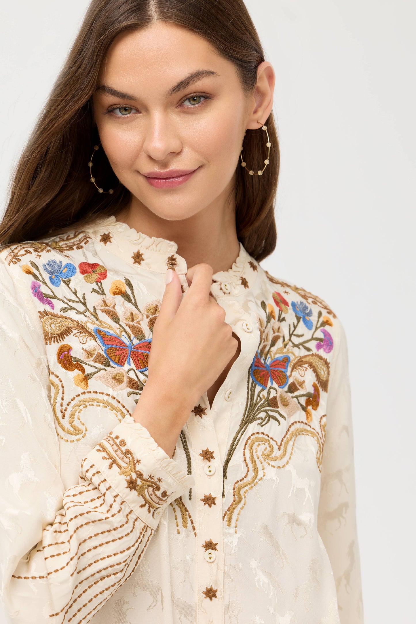 floral embroidered top with ruffle neck 