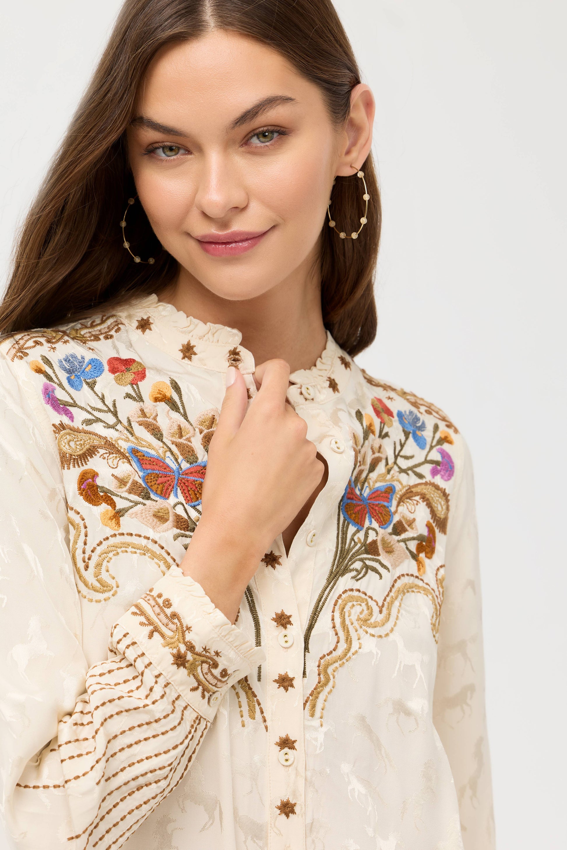 floral embroidered top with ruffle neck 