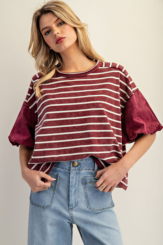 TOP STRIPE PUFF SLEEVE ROUND NECK
