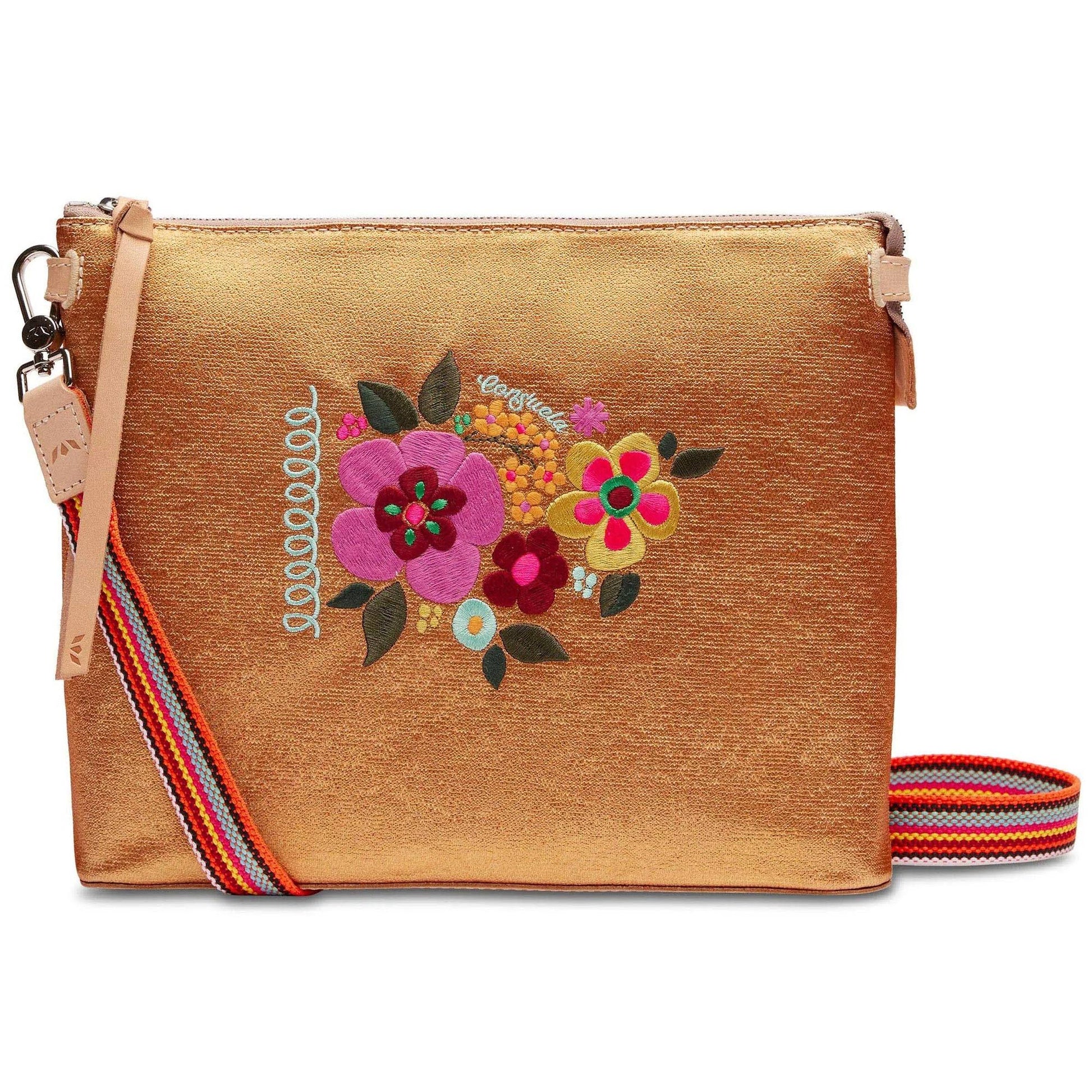 Bronzed Downtown Crossbody by Consuela, Metallic Crossbody, Brown Crossbody with embroidery 