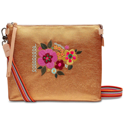 Bronzed Downtown Crossbody by Consuela, Metallic Crossbody, Brown Crossbody with embroidery 