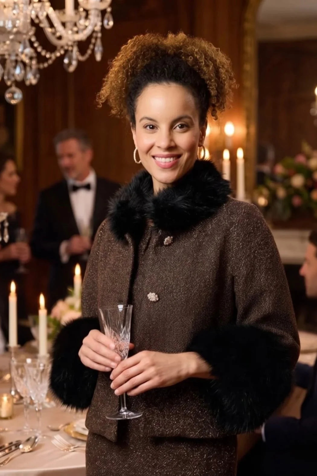 Ivy Jane JACKET SPARKLE TWEED FUR TRIM BLACK