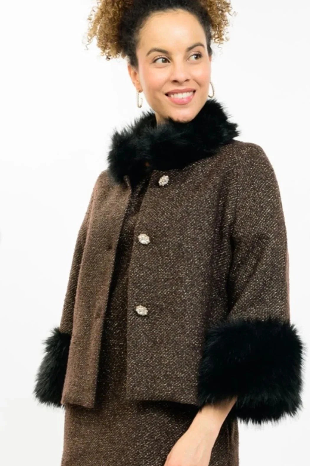 Ivy Jane JACKET SPARKLE TWEED FUR TRIM BLACK