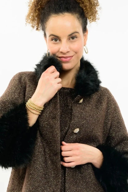 Ivy Jane JACKET SPARKLE TWEED FUR TRIM BLACK