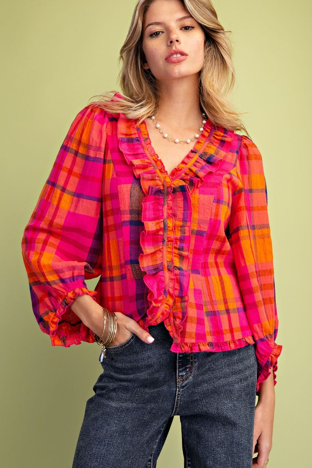 TOP  PLAID COTTON LINEN BLOUSE