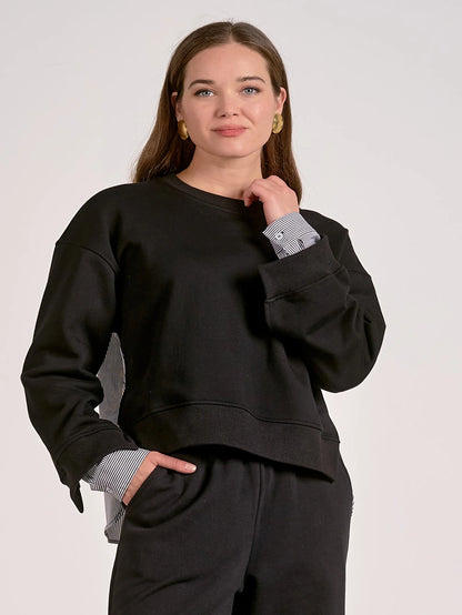 black mixed media top with stripe panel 