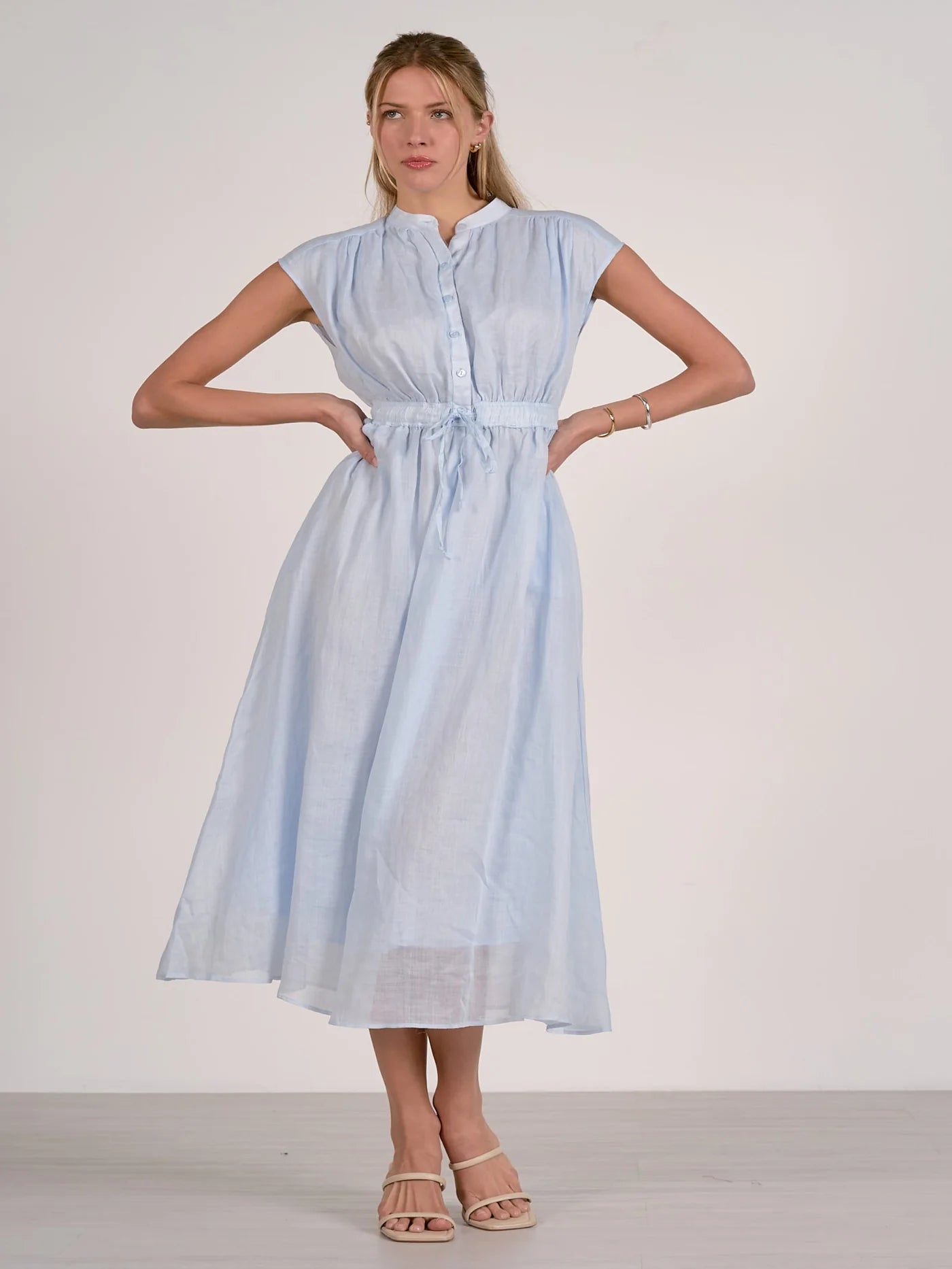 light blue midi dress with self tie waist
